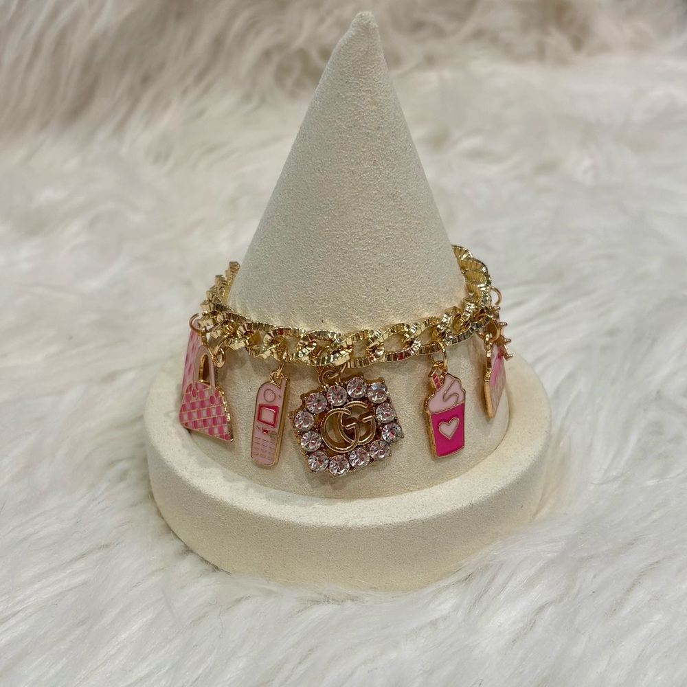 Gucci Stamped Zipper Pull Gold & Pink Charm Bracelet - Picture 1 of 4